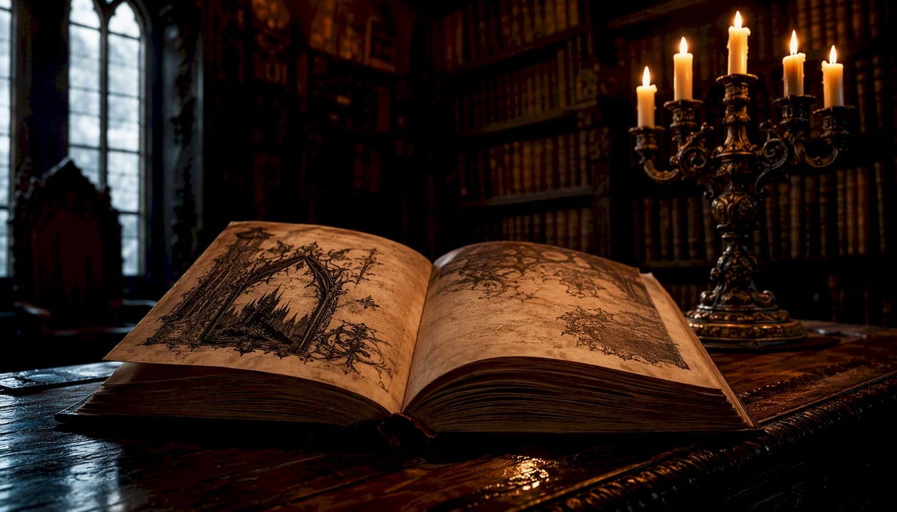 Opened ancient gothic literature book in candlelight