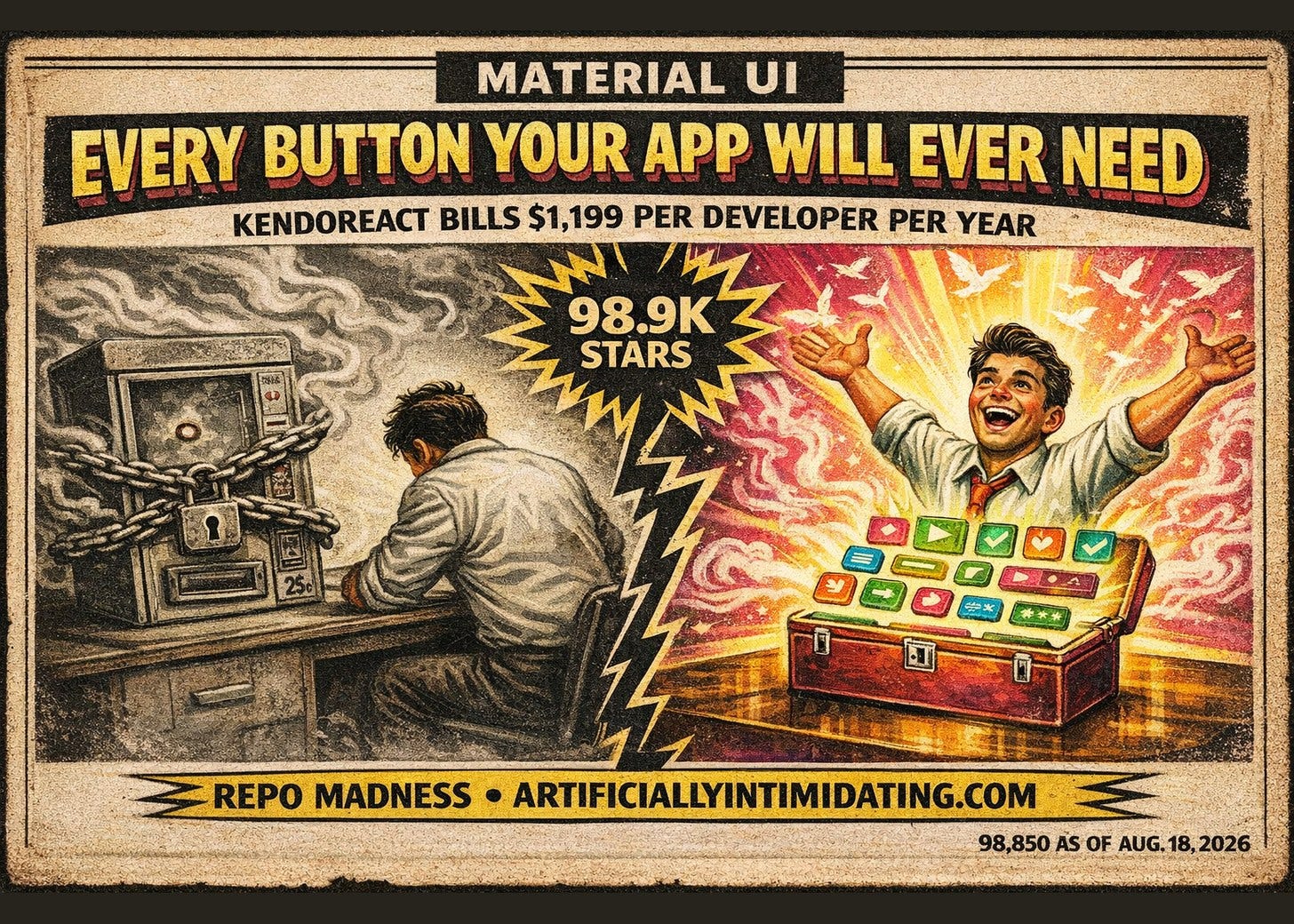 A painted 1930s-style poster split by a lightning bolt. Left: a chained coin-operated vending machine holding a single button behind glass, a worker hunched in front of it. Right: the same man with fists raised over an open toolbox spilling coloured interface tiles. Nameplate reads MATERIAL UI.