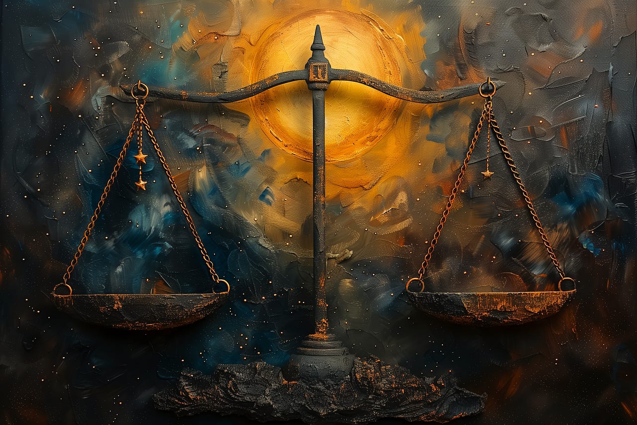 Painting of Libra scales in front of a sun