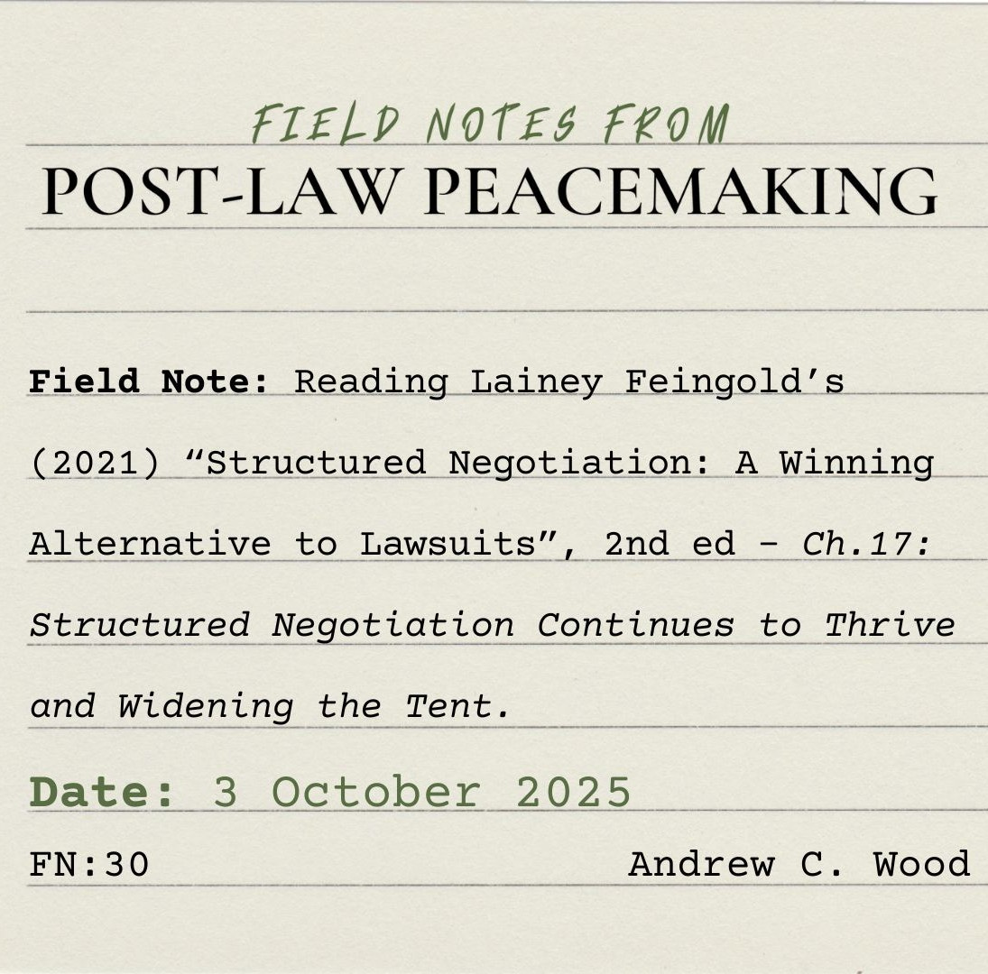 A square, lined index card on which is typed:  “FIELD NOTES FROM POST-LAW PEACEMAKING:  Field Note: Reading Lainey Feingold’s (2021) “Structured Negotiation: A Winning Alternative to Lawsuits”, 2nd ed - Ch.17: Structured Negotiation Continues to Thrive and Widening the Tent. Date: 3 October 2025.   FN:30.   Andrew C. Wood.”