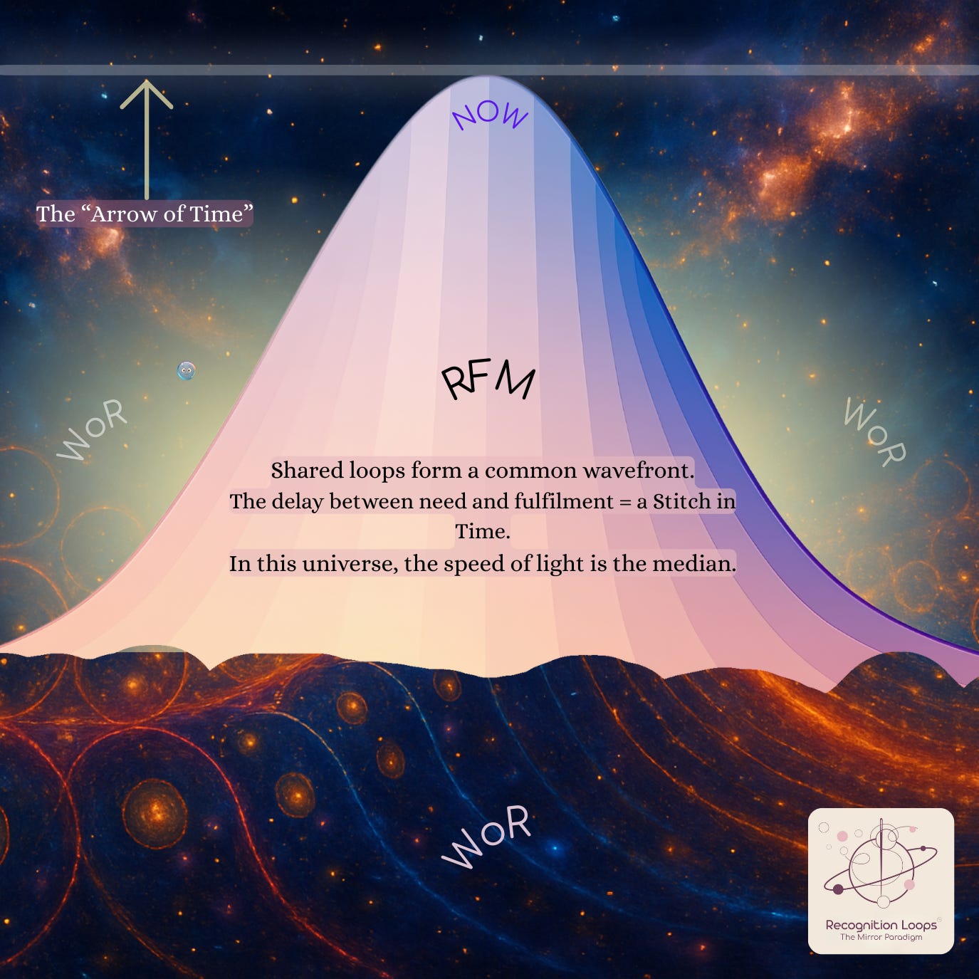 Cosmic digital artwork showing streams of golden-orange energy rising from Earth and spiraling upward into a luminous pillar of light that pierces the stars, symbolising the loom of consciousness weaving between the Recognition Field Matrix, the Weave of Reality, and the infinite field of potential.