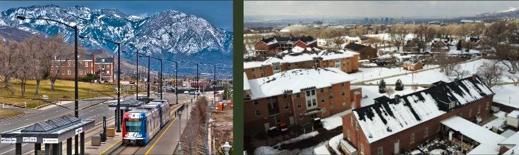 Two uncropped views of Fort Douglas at the University of Utah, separated by a narrow green spacer: a TRAX train beside historic buildings with snowy Wasatch mountains behind them on the left, and a snowy aerial view of the old post amid newer campus buildings on the right. Two uncropped views of Fort Douglas at the University of Utah, separated by a narrow green spacer: a TRAX train beside historic buildings with snowy Wasatch mountains behind them on the left, and a snowy aerial view of the old post amid newer campus buildings on the right.
