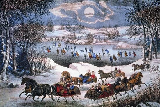 Currier and Ives print of winter with horse sleighs