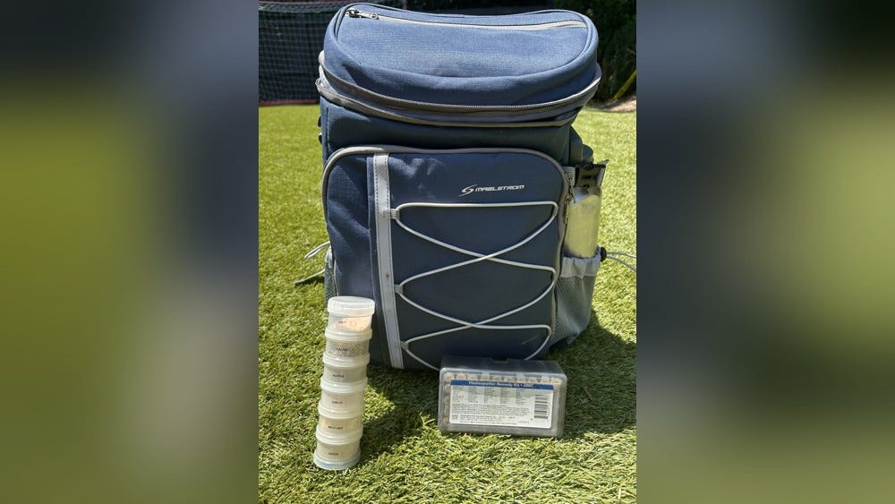 A navy backpack cooler standing on grass with a stackable spice container and a small homeopathy kit arranged in front of it.