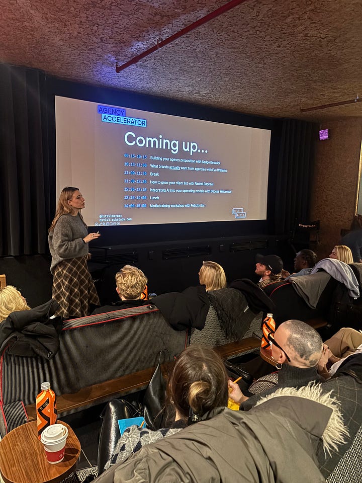 Photos of Sedge, Rachel, George and Felicity during their sessions. They're standing in front of a cinema screen with their presentations, speaking to a room of agency founders all sat on comfy sofas at Everyman Kings Cross.