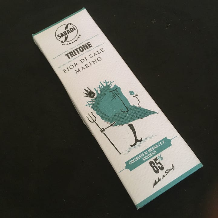 Sabadi modica chocolate bar packaging, cross-section, and comparison with Taza chocolate.