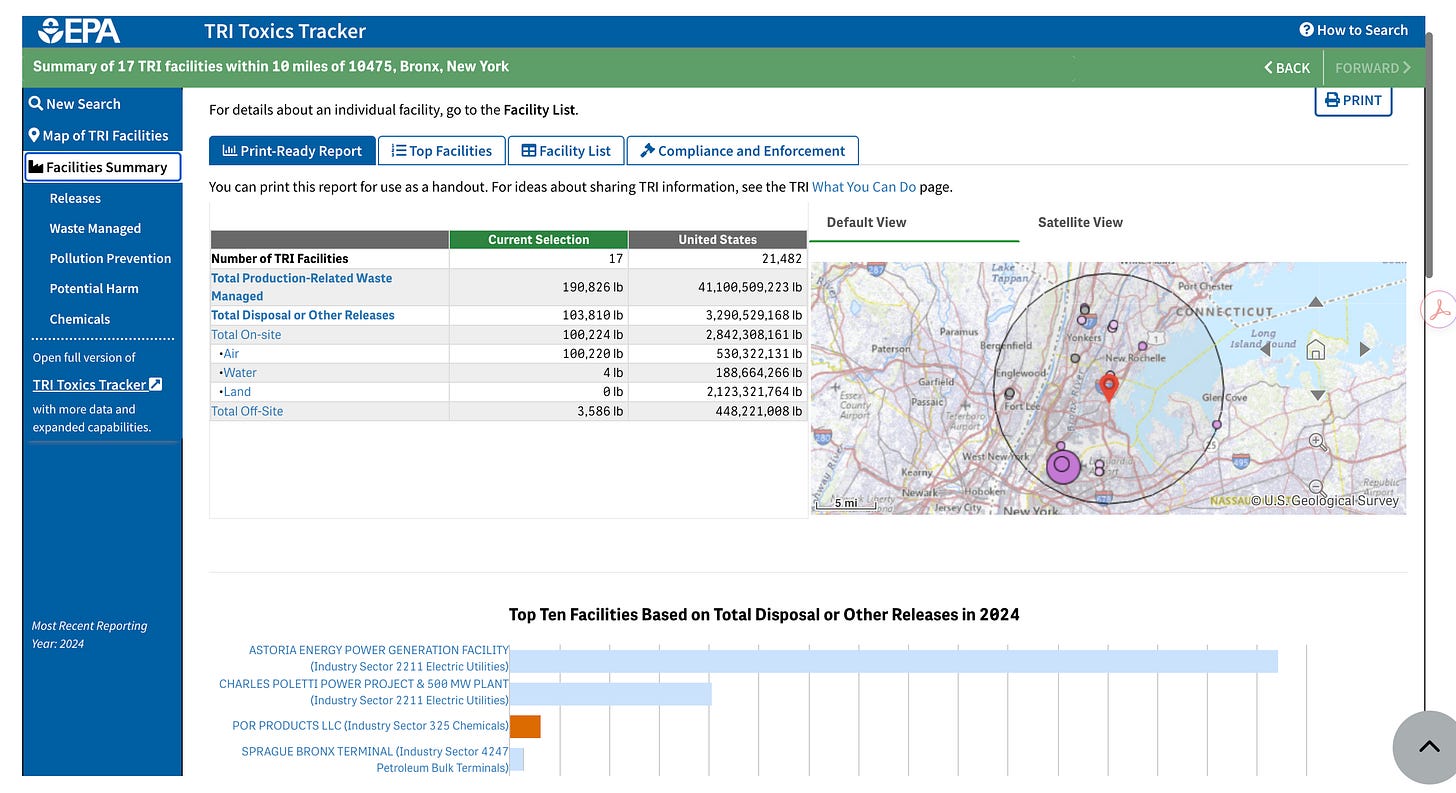 Screenshot of the EPA TRI Toxics Tracker facility summary listing the companies releasing chemicals. Screenshot of the EPA TRI Toxics Tracker facility summary listing the companies releasing chemicals.
