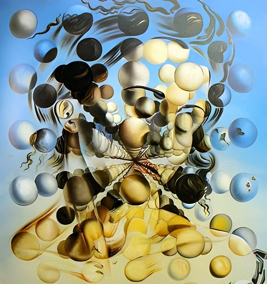 A surrealist painting of a person fragmenting in circles.