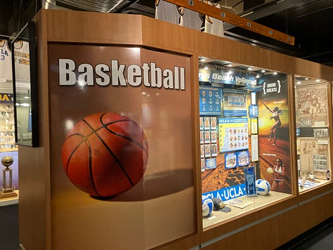 Images of John Wooden, his den, trophies, and author standing by the John Wooden monument