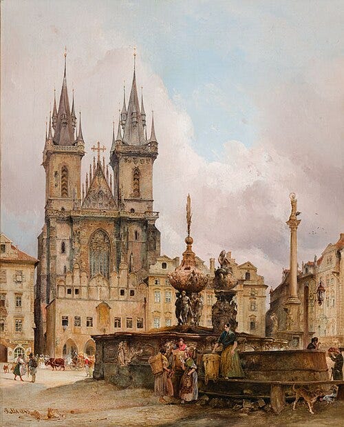 File:Rudolf von Alt - Tyn Church with Krocín’s Fountain - O 12002 - National Gallery Prague.jpg