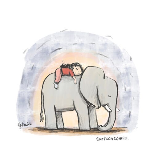 Sick Days Digital charcoal color drawing of a girl with a braid, sleeping on the back of an elephant. Illustrated by Connie Sun, cartoonconnie, 2022.
