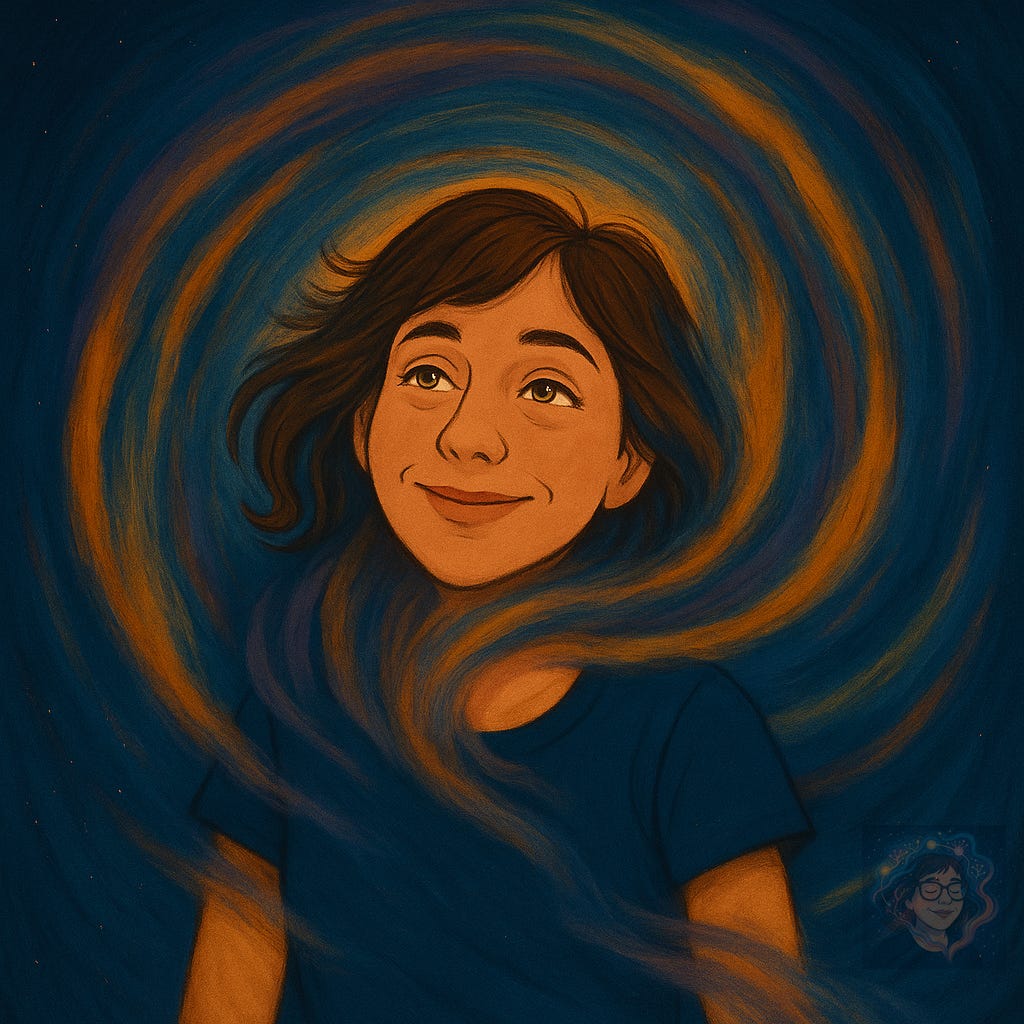 Illustration of a woman with short brown hair and hazel eyes, her expression dreamy and soft as swirling wisps of orange and blue dissolve around her. The image captures the in-between moment of transitioning from deep ADHD hyperfocus back into the present, grounded world.