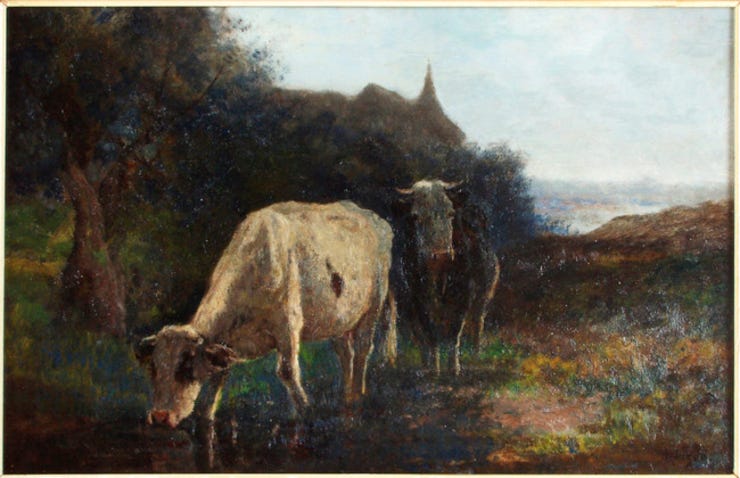 'Twee staande koeien in een landschap' - olieverf op doek: H.A. van Ingen (herkomst: coll. Museum Veluwezoom via rkd.nl)