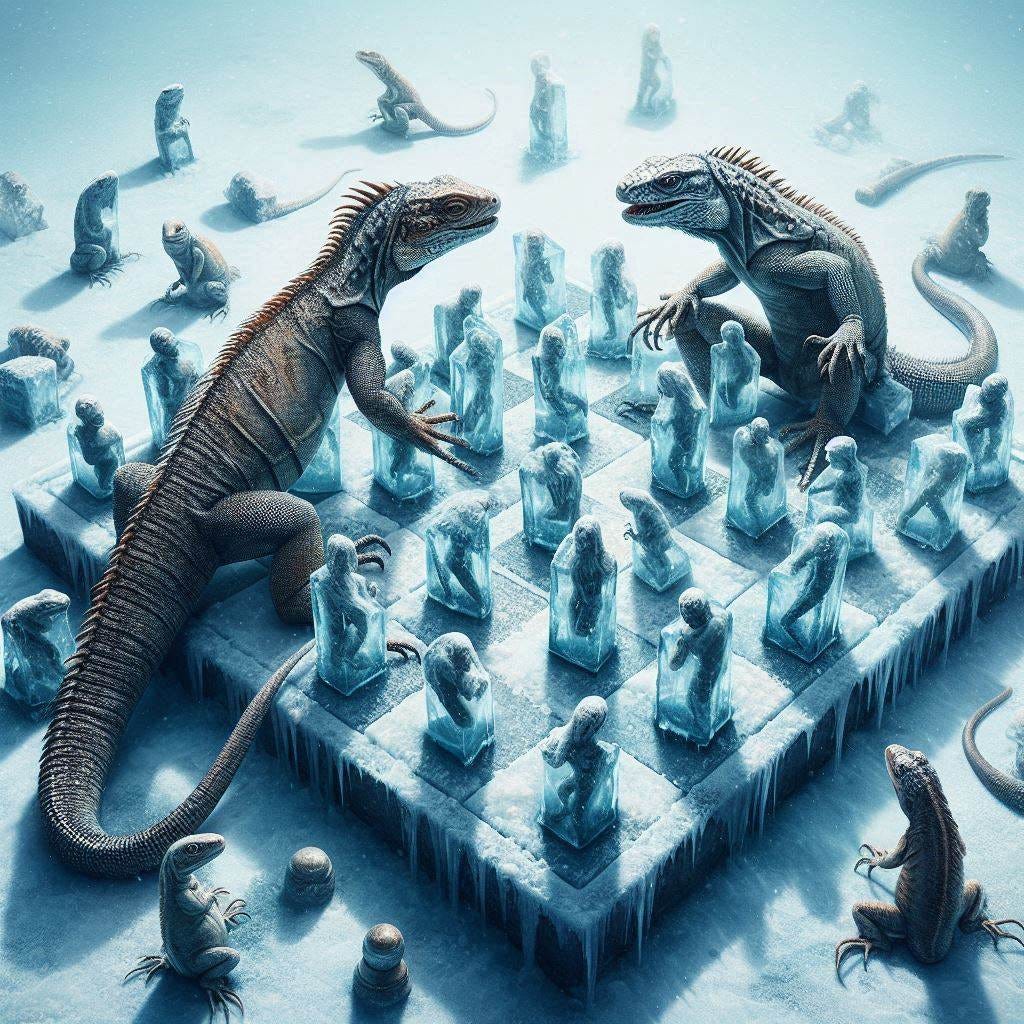 lizards playing chess, the chess pieces are humans frozen in blocks of ice lizards playing chess, the chess pieces are humans frozen in blocks of ice