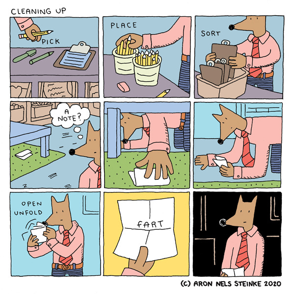 Mr Wolf, cleaning up his room, notices a note under a table. He reaches to grab it, thinking it might be important… but written on it is the word “fart”.