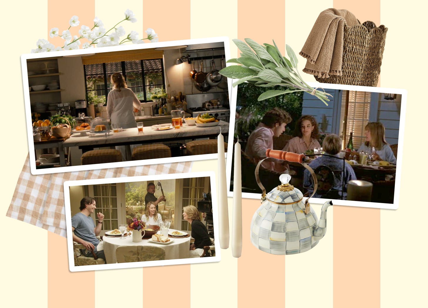 A collage style image showing stills from Nancy Meyers movies alongside dinner party hosting accessories and decor. A collage style image showing stills from Nancy Meyers movies alongside dinner party hosting accessories and decor.