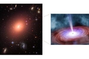 A massive galaxy transitioning to a quiescent phase (left) while hosting an active supermassive black hole at its center (artist’s conception, right).
