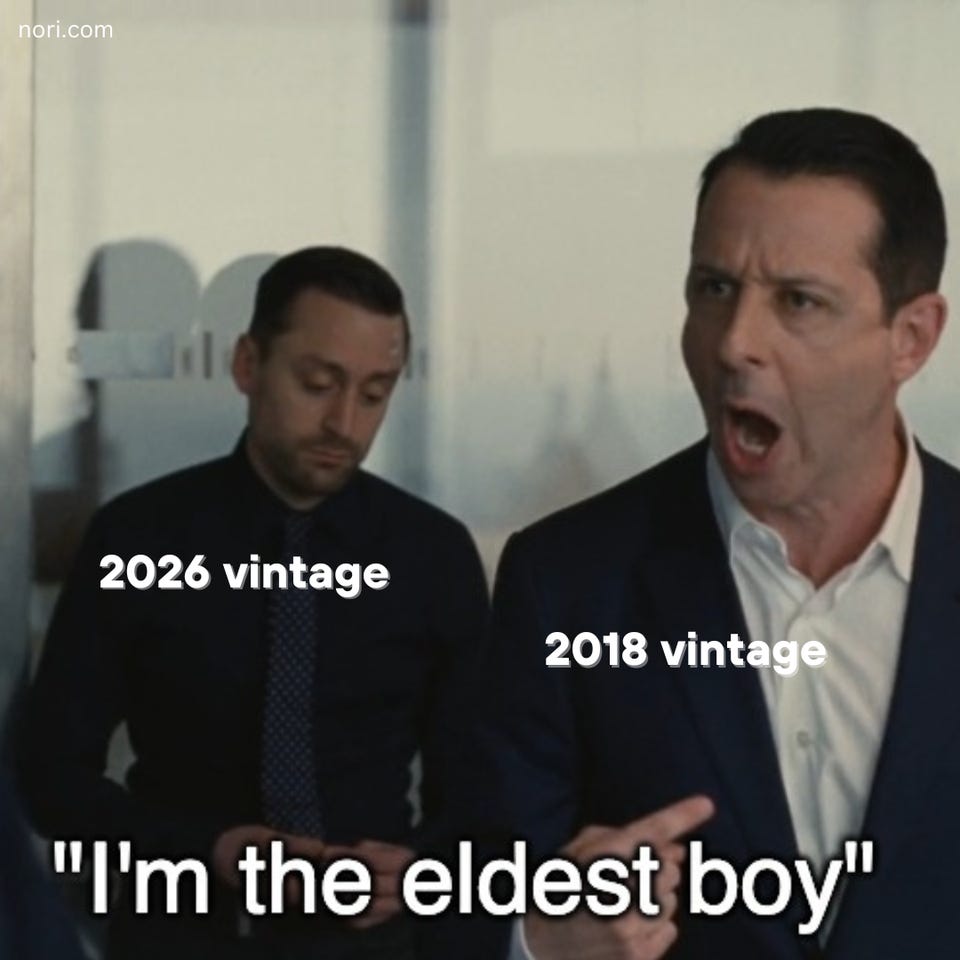 Still from Succession of Kendall and Roman Roy, labelled "2026 vintage" and "2018 vintage," with the older one shouting "I'm the eldest boy."