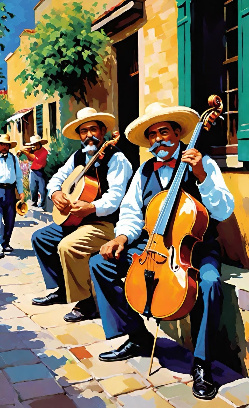 Color illustration of two Mexican street musicians with guitar and cello. Created by Frank Moone using Dream.AI.