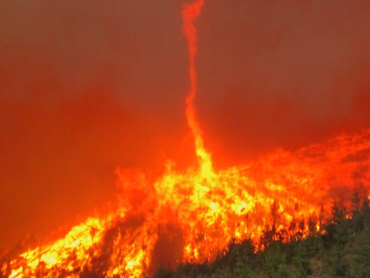 What looks like a thin tornado of fire rising from a wildfire in the forest below. What looks like a thin tornado of fire rising from a wildfire in the forest below.