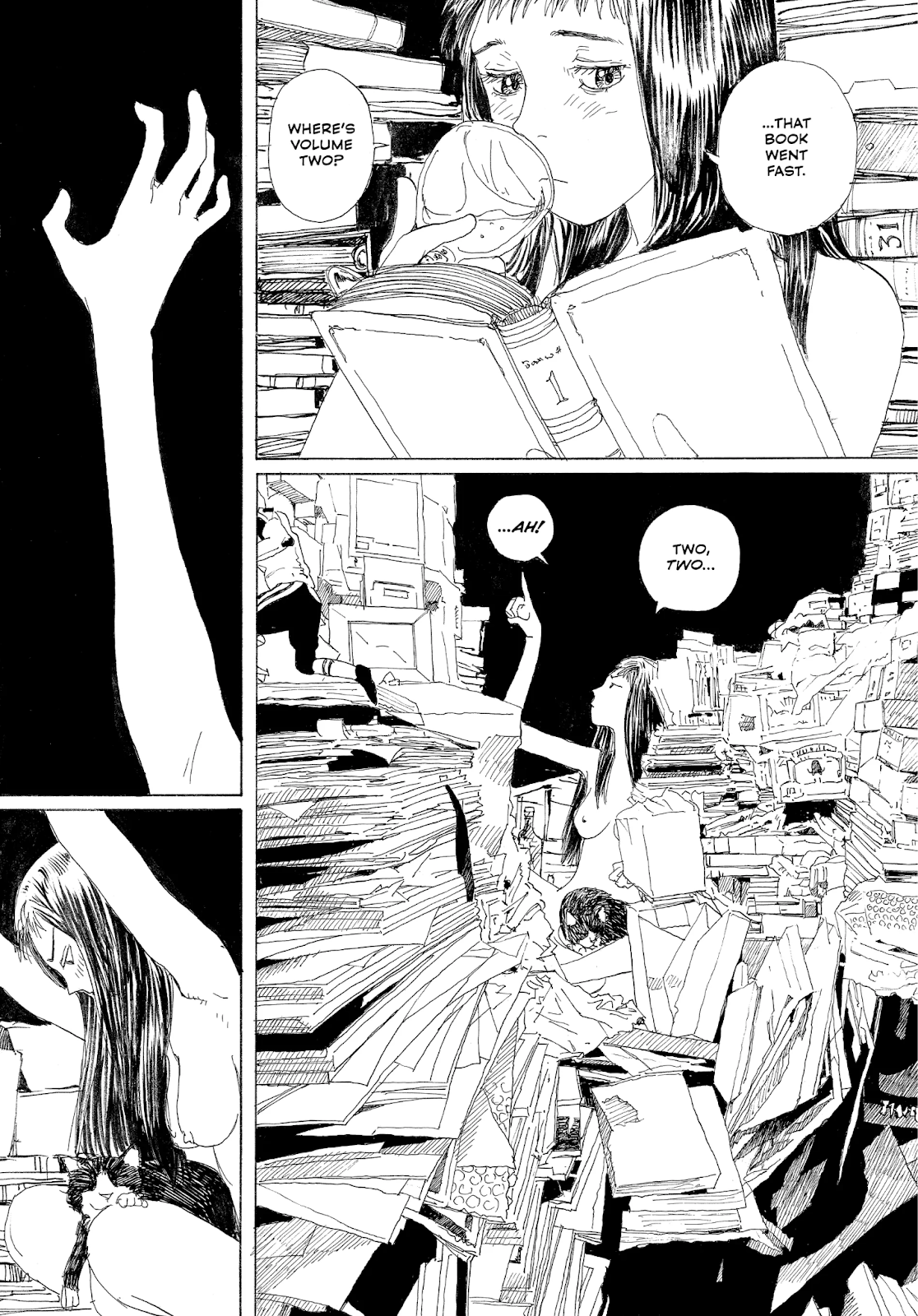 Momo, nude, sits among towering stacks of books inside the ship. She finishes reading a volume, drinks from a glass, and searches through the piles for “volume two.” In the final panel, she spots it and reaches upward, her cat resting against her leg amid the clutter. Momo, nude, sits among towering stacks of books inside the ship. She finishes reading a volume, drinks from a glass, and searches through the piles for “volume two.” In the final panel, she spots it and reaches upward, her cat resting against her leg amid the clutter.