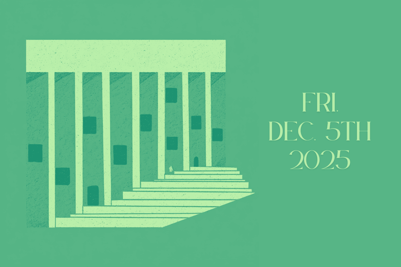A stylized graphic for the “In Other Words” puzzle section, featuring a minimalist architectural illustration of a building with tall columns and a wide staircase. Scattered across the building’s facade are small rectangular blocks reminiscent of a Wordle grid. To the right, text reads “FRI. DEC. 5TH 2025.”