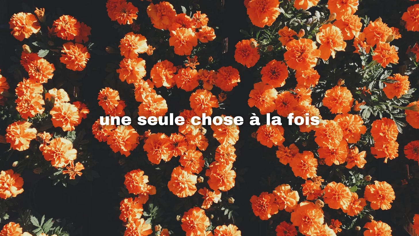 fond d'image fleuri et texte "une seule chose à la fois"