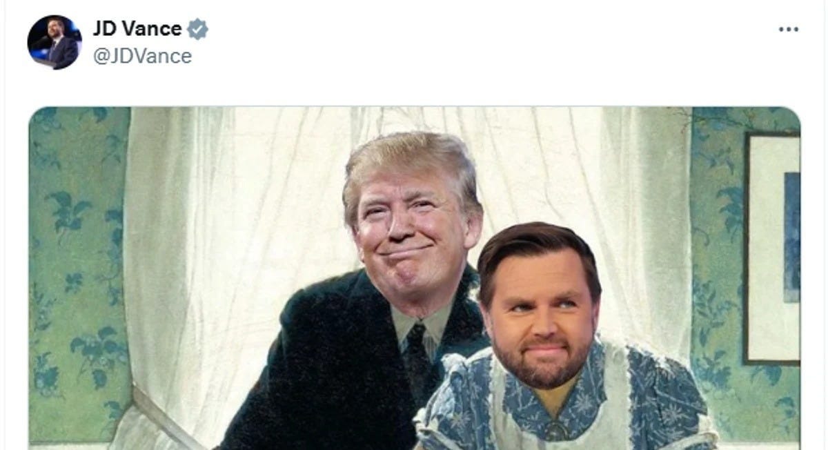Social media loses it over JD Vance depicting himself as 'Trump's wife' in Thanksgiving  post - Yahoo