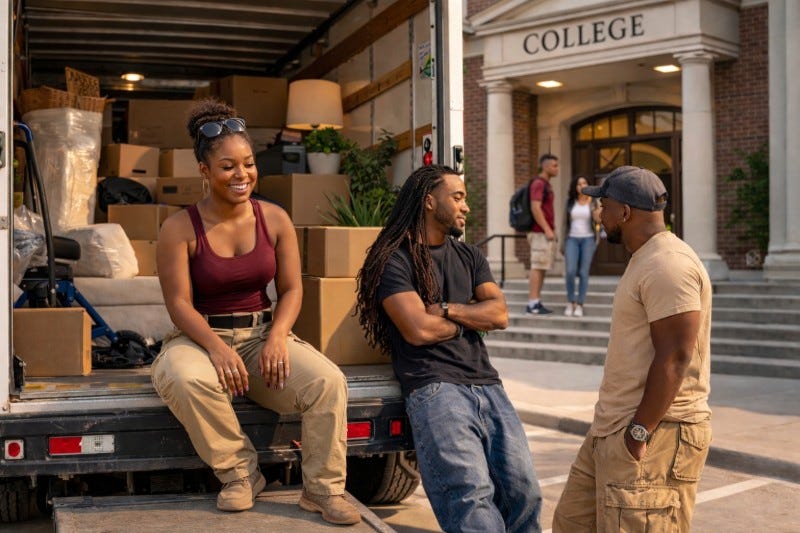Woman in maroon tanktop and khakis sits on floor of moving truck while a few students hang by the truck and college campus steps.