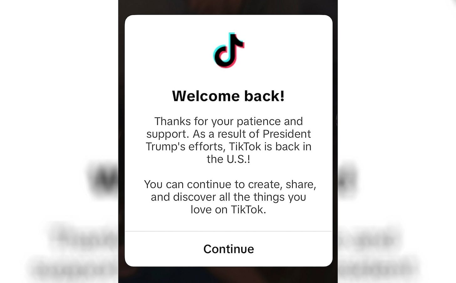A message displayed to TikTok users thanking Trump for allowing the platform to keep operating
