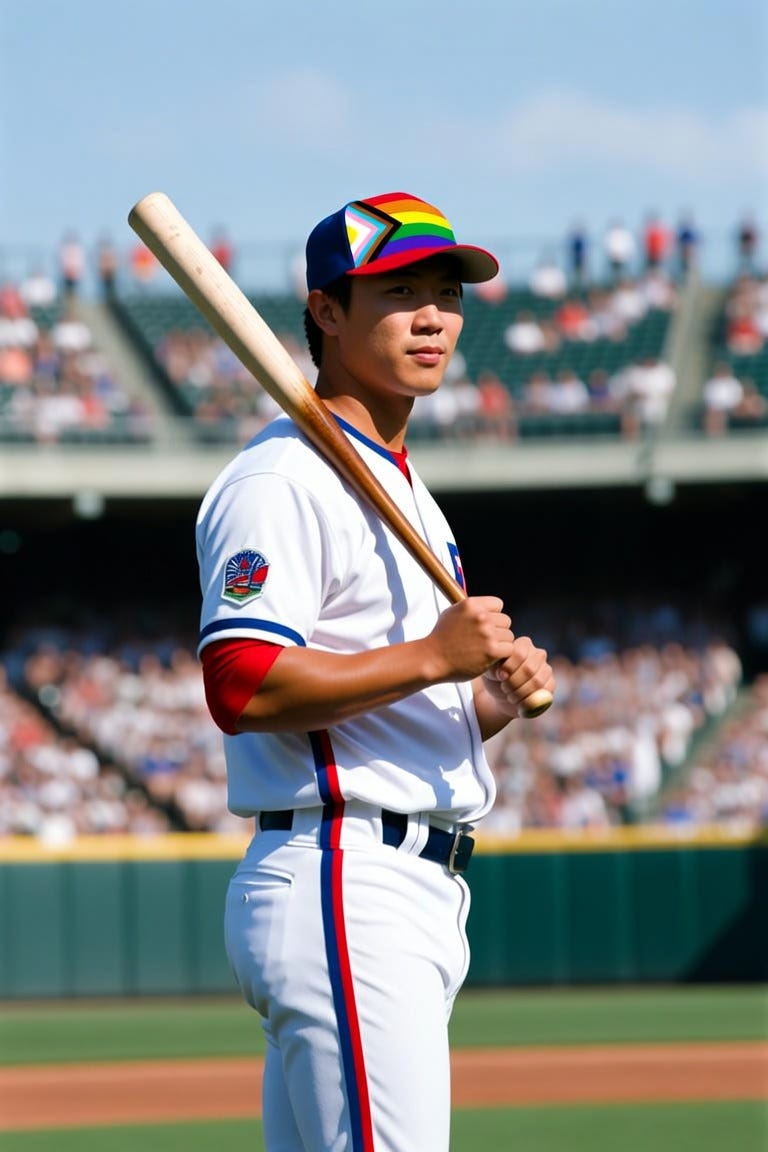 a baseball player wearing a hat the color of the pride flag. he is in a major league stadium
