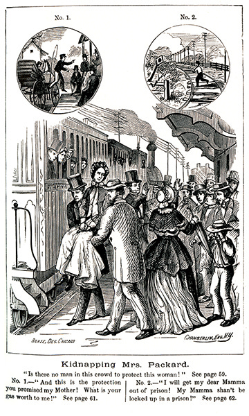 Illustration of a woman being carried by two men onto a train to the left. On the right is a large crowd. Illustration of a woman being carried by two men onto a train to the left. On the right is a large crowd.