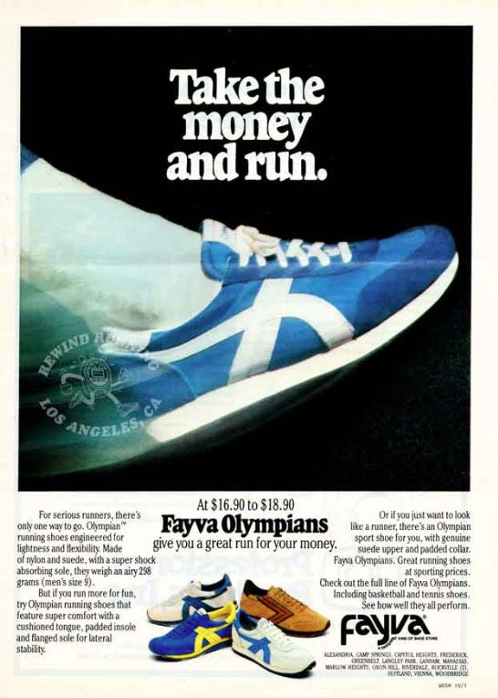 Vintage (1980) ad for "Fayva Olympians" which are running shoes. They look awesome (to me).