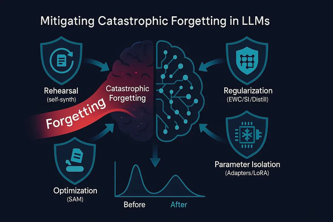 Diagram showing methods to reduce catastrophic forgetting in LLMs. Diagram showing methods to reduce catastrophic forgetting in LLMs.