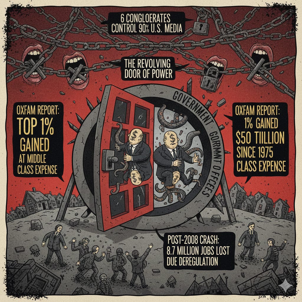Infographic in an uncomfortable, satirical style depicting a revolving door between corporate boardrooms and government offices, with executives morphing into monsters. Shock elements: ‘Post-2008 crash: 8.7 million jobs lost due to deregulation’ as crumbling worker figures, ‘Oxfam report: Top 1% gained $50T since 1975 at middle class expense’ in giant gold numbers towering over tiny homes, and ‘6 conglomerates control 90% of U.S. media’ as a web of chains silencing voices. Use jagged lines and ominous shadows for maximum discomfort.