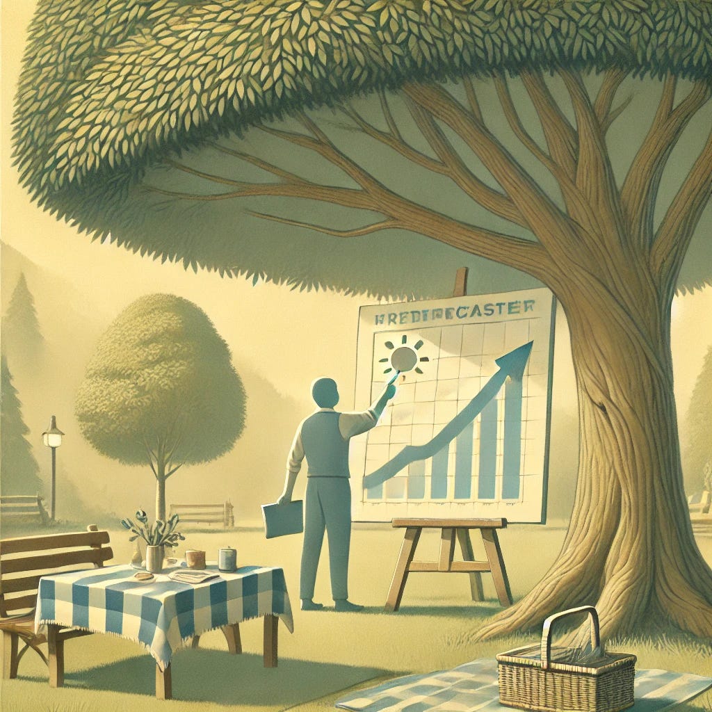 A scene in a park under a large shade tree, featuring a weather forecaster in the foreground. The forecaster is pointing to a chart with an arrow rising, symbolizing predictions and decision-making. The setting includes picnic elements under the tree, like a basket and blanket, creating a relaxed atmosphere. Use soft, muted colors to convey a thoughtful, whimsical theme that reflects adaptability and the role of predictions. The image should have a gentle, illustrative style.