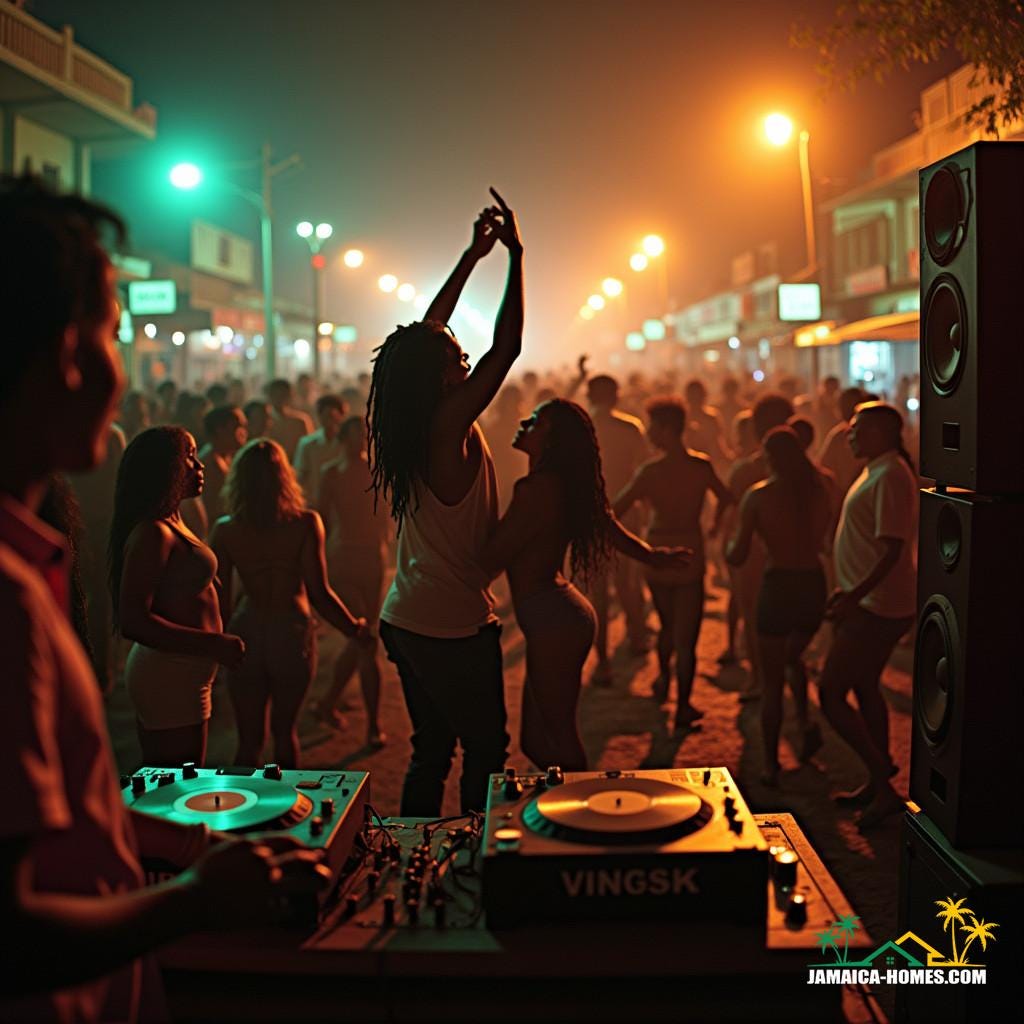 A lively Jamaican street at night, filled with people dancing to a powerful sound system with towering stacks of speakers blasting reggae music.