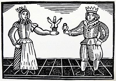 'The Famous History of Tom Thumb' Tom dances on the Queen's hand and King Arthur gives him a ...