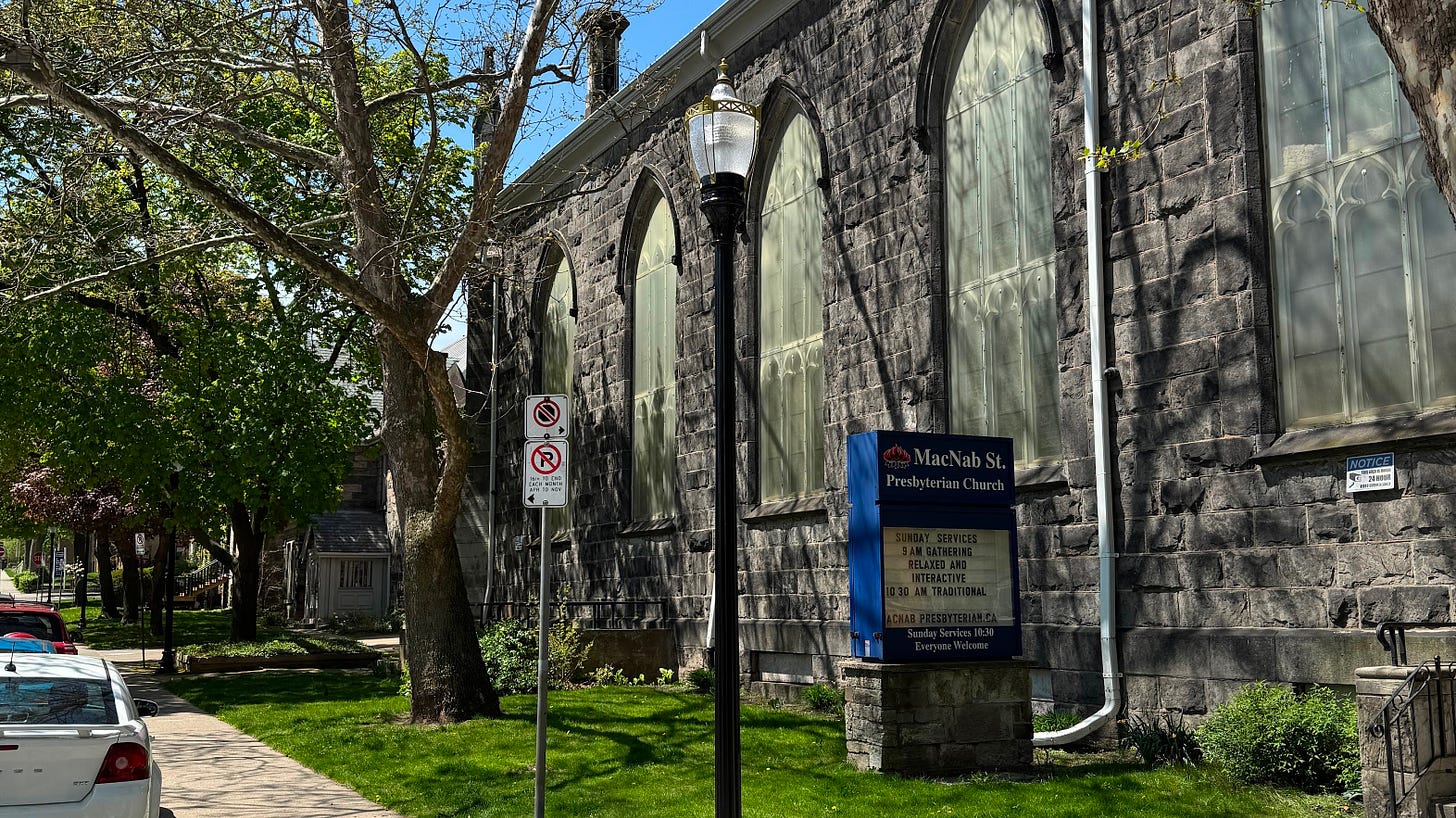 New heritage lighting alongside the MacNab Presbyterian Church on MacNab Street South