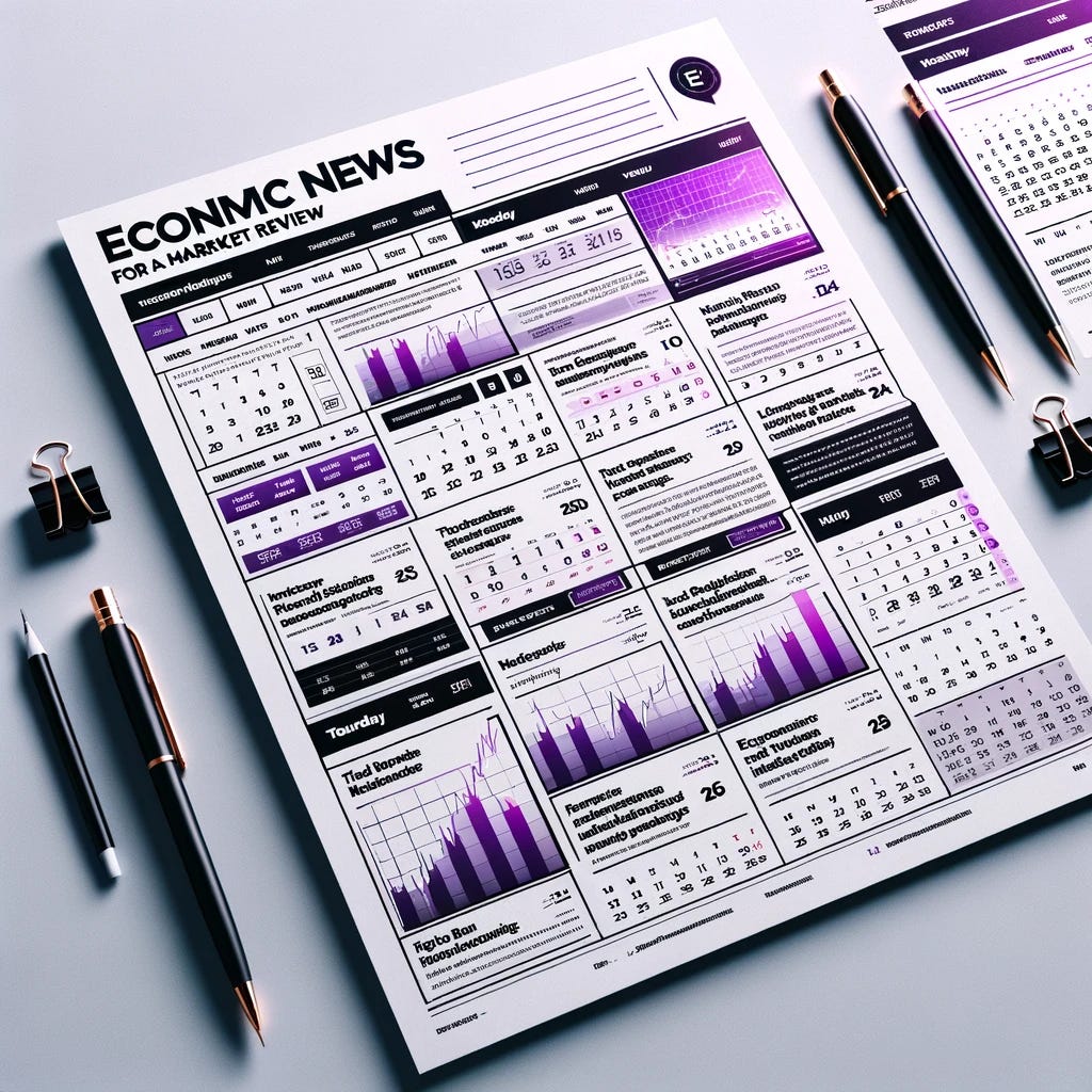 Design an economic news calendar for a market review, tailored for investors. The design should be classy and minimalist, with a focus on readability and functionality. The primary color scheme should be neon purple and white, providing a sophisticated and modern look. The calendar layout should include spaces for key economic news events, such as financial announcements, market trends, and investment opportunities. Each entry should have a brief description and a date. Use a clean, easy-to-read font and ensure ample spacing for a professional look. The overall design should convey the importance and relevance of the economic events to investors.