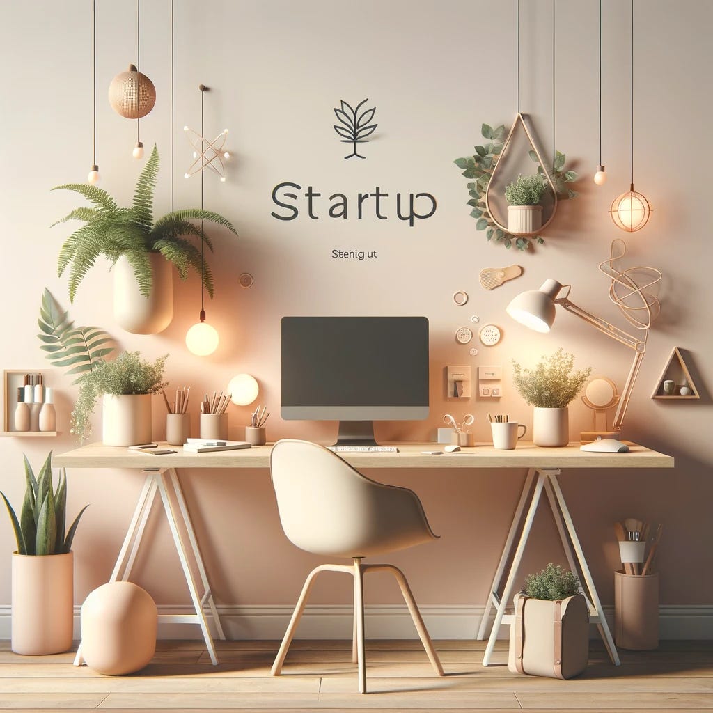 Create a soothing, easy-on-the-eyes, and aesthetically pleasing image that represents the serene and innovative atmosphere of a startup. The image should feature a minimalist and tranquil workspace setting with elements such as soft lighting, plants, a clean desk with modern gadgets, and a calm color scheme. The design should embody the peaceful yet productive environment of a contemporary startup, highlighting simplicity, nature, and modern technology.