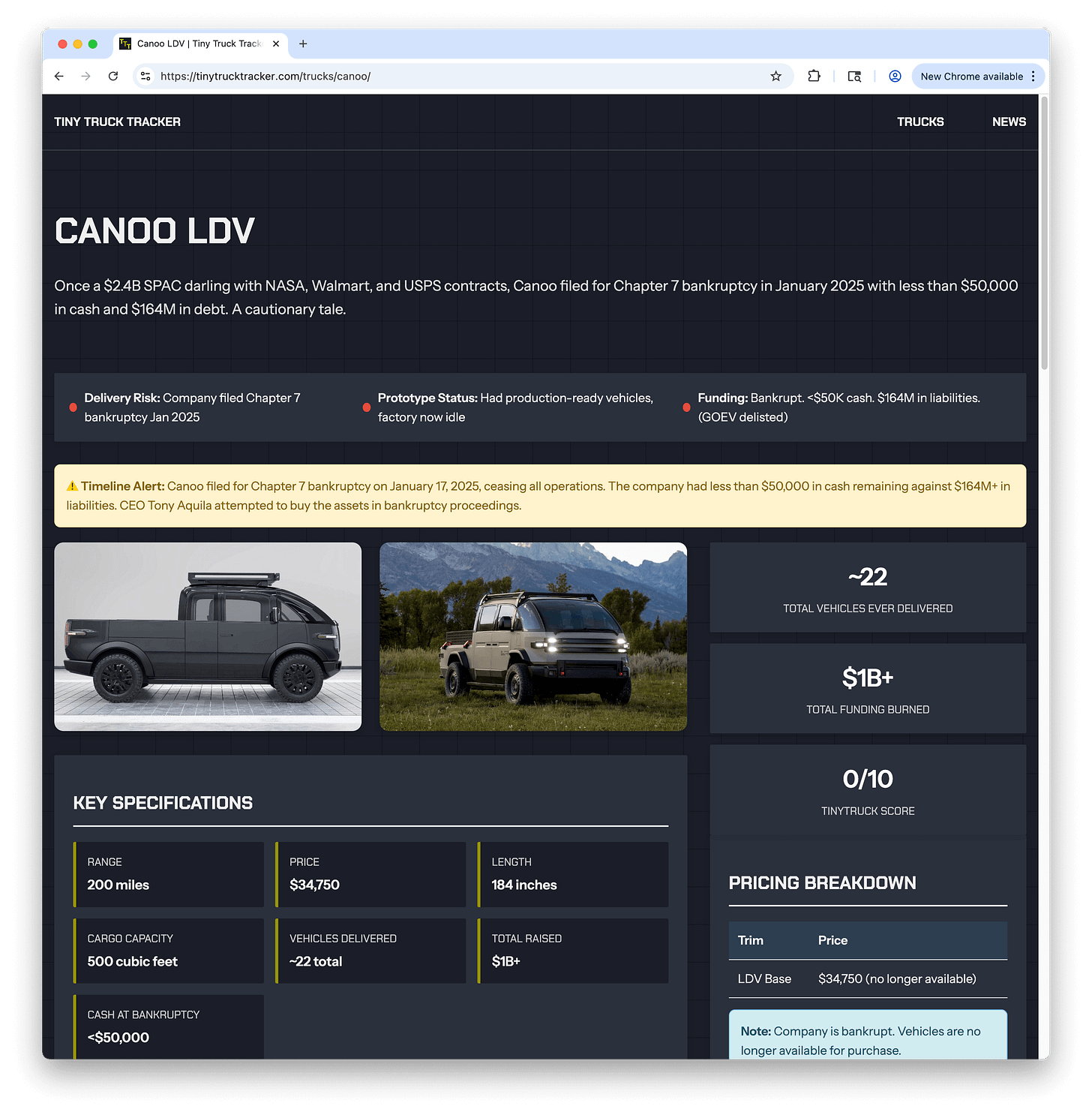screenshot of CANOO LDV tiny truck profile