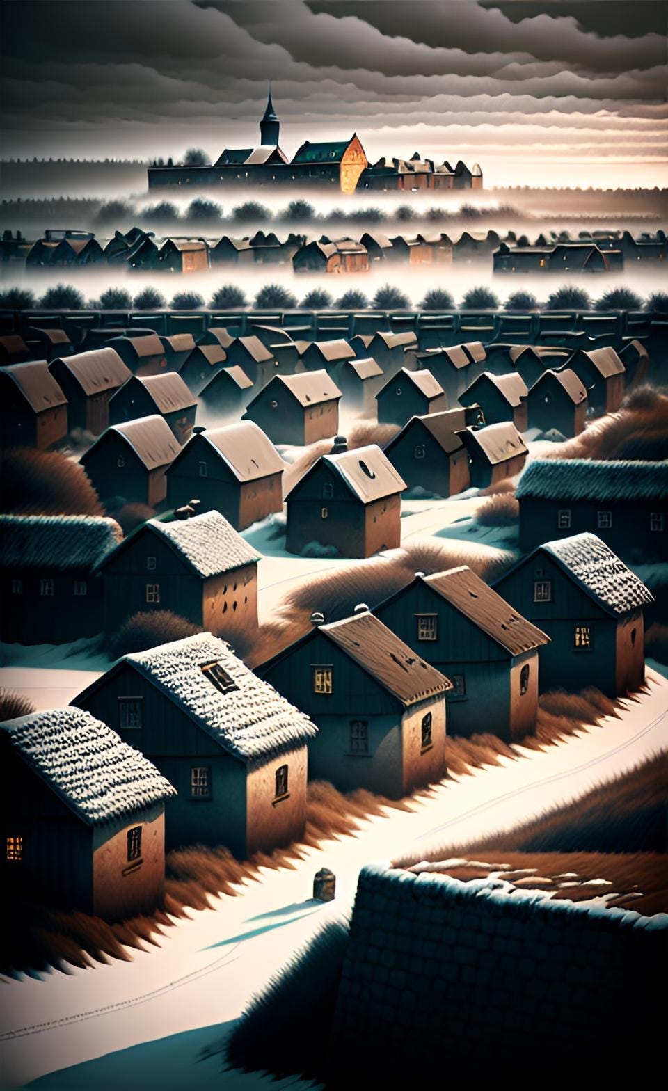 Color illustration of a medieval-looking village of rows of small, thatched houses, with a large manor house and outbuildings in the background. Created by Frank Moone, using Dream.AI