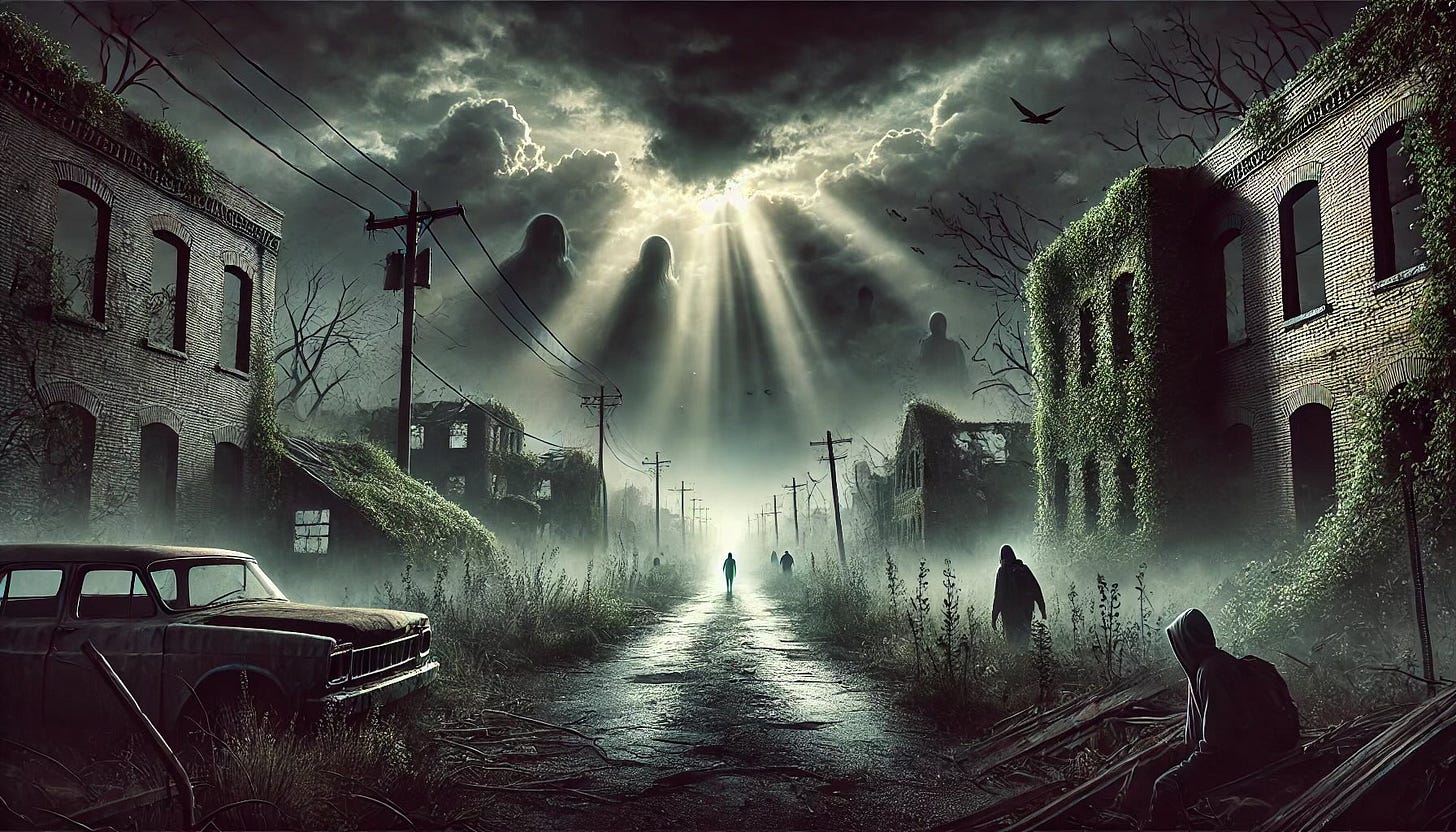 An eerie post-apocalyptic landscape featuring a desolate road cutting through an abandoned town. Overgrown vegetation overtakes crumbling buildings, while a stormy sky with swirling dark clouds and rays of light creates a dramatic and ominous atmosphere. In the distance, shadowy human figures linger, adding a sense of mystery and suspense to the scene.