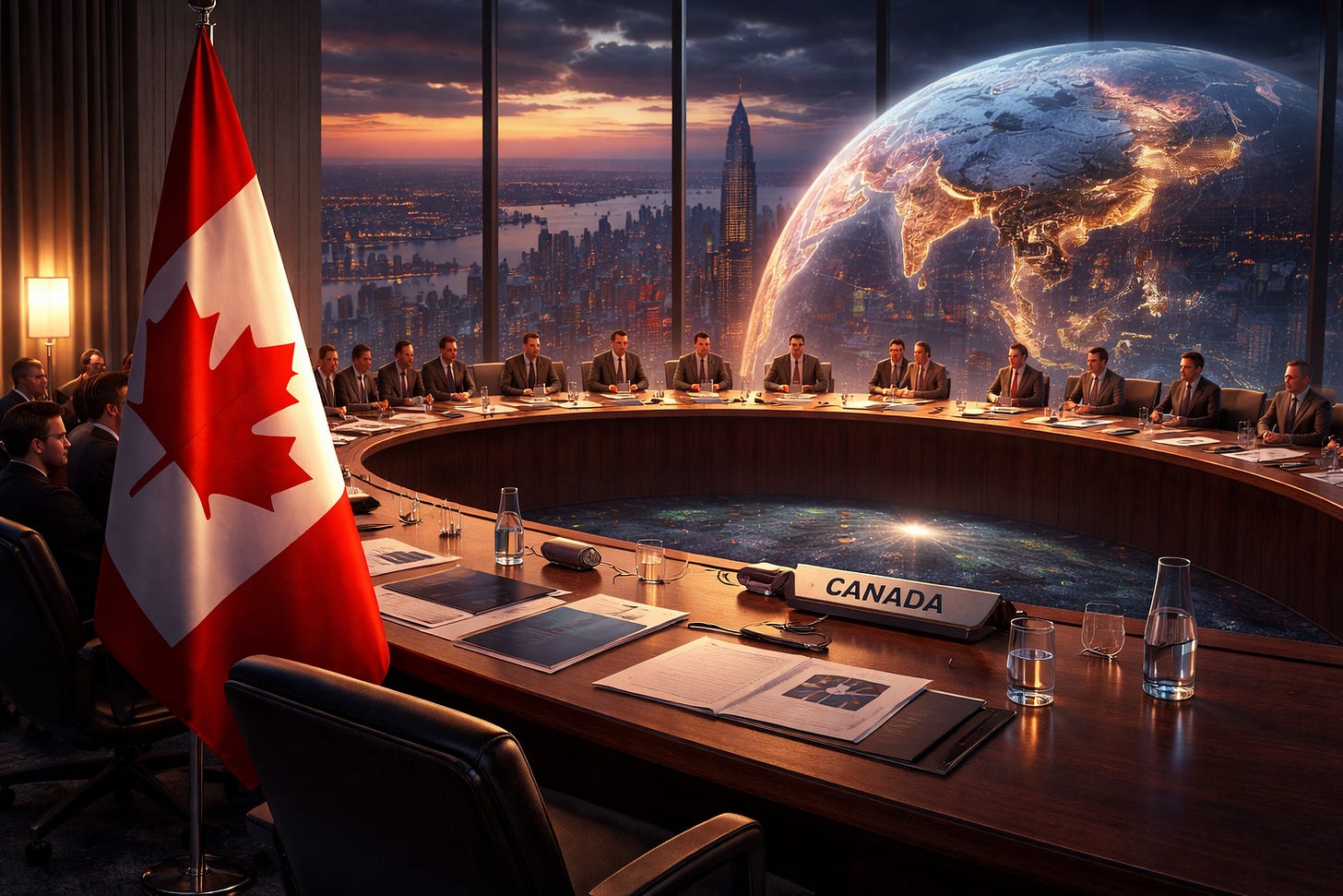 Digital illustration of a Canadian delegation seated at a round international conference table at dusk, a red-and-white Canadian flag in the foreground, with a glowing world map and city skyline visible through large windows behind them.