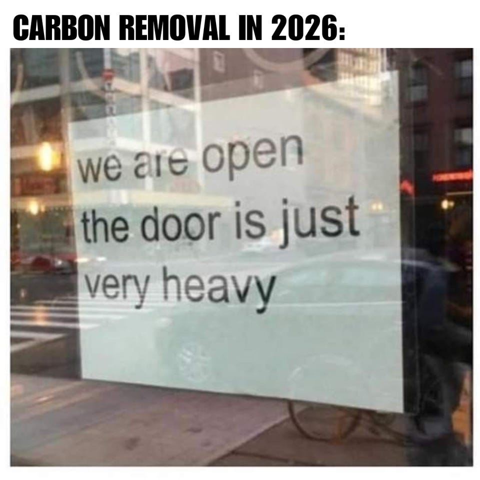 "Carbon removal in 2026:" above a photo of a shop window sign that reads "we are open. the door is just very heavy."