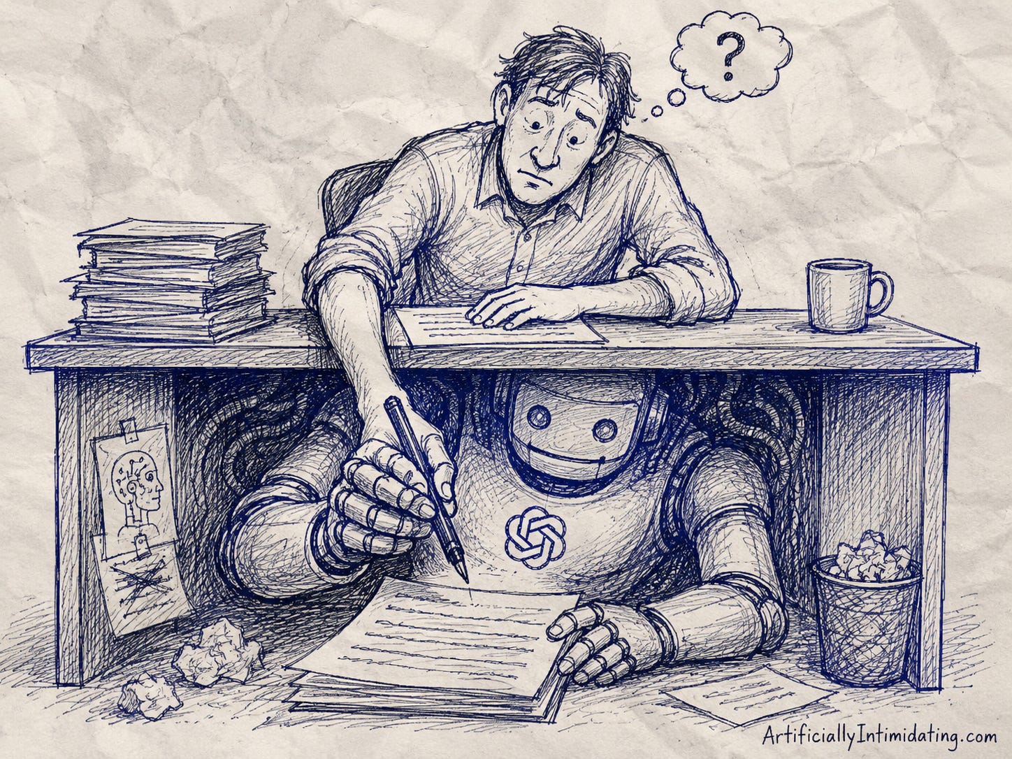 ai created Hand-drawn editorial cartoon showing a writer sitting at a desk working on a manuscript while a large ChatGPT-branded robot hidden beneath the desk physically holds and guides the same pen. The writer stares down in confusion, unable to tell whether the words are coming from them or the AI. Crumpled drafts, stacks of pages, and a thought bubble with a question mark emphasize the blurred boundary between human authorship and machine assistance. ai created Hand-drawn editorial cartoon showing a writer sitting at a desk working on a manuscript while a large ChatGPT-branded robot hidden beneath the desk physically holds and guides the same pen. The writer stares down in confusion, unable to tell whether the words are coming from them or the AI. Crumpled drafts, stacks of pages, and a thought bubble with a question mark emphasize the blurred boundary between human authorship and machine assistance.