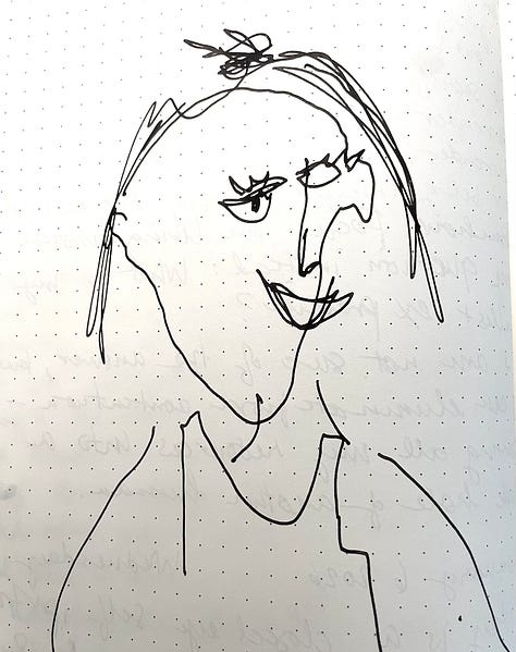 9 self portraits made as blind contour drawings, black ink on white paper, with faces askew; in one, the chin is shifted to the left so it looks like there's only half, in another the neck intersects with the chin in a way that it looks like a chin hair; in a third, the hair is completely off the head and instead is like a curtain in front of the face. They're cubist, cartoonish, strange and somehow beautiful