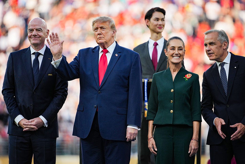 FIFA President Gianni Infantino, U.S. President Donald Trump, Mexican President Claudia Sheinbaum and Canadian Prime Minister Mark Carney following the FIFA World Cup Final in East Rutherford, New Jersey on July 19
