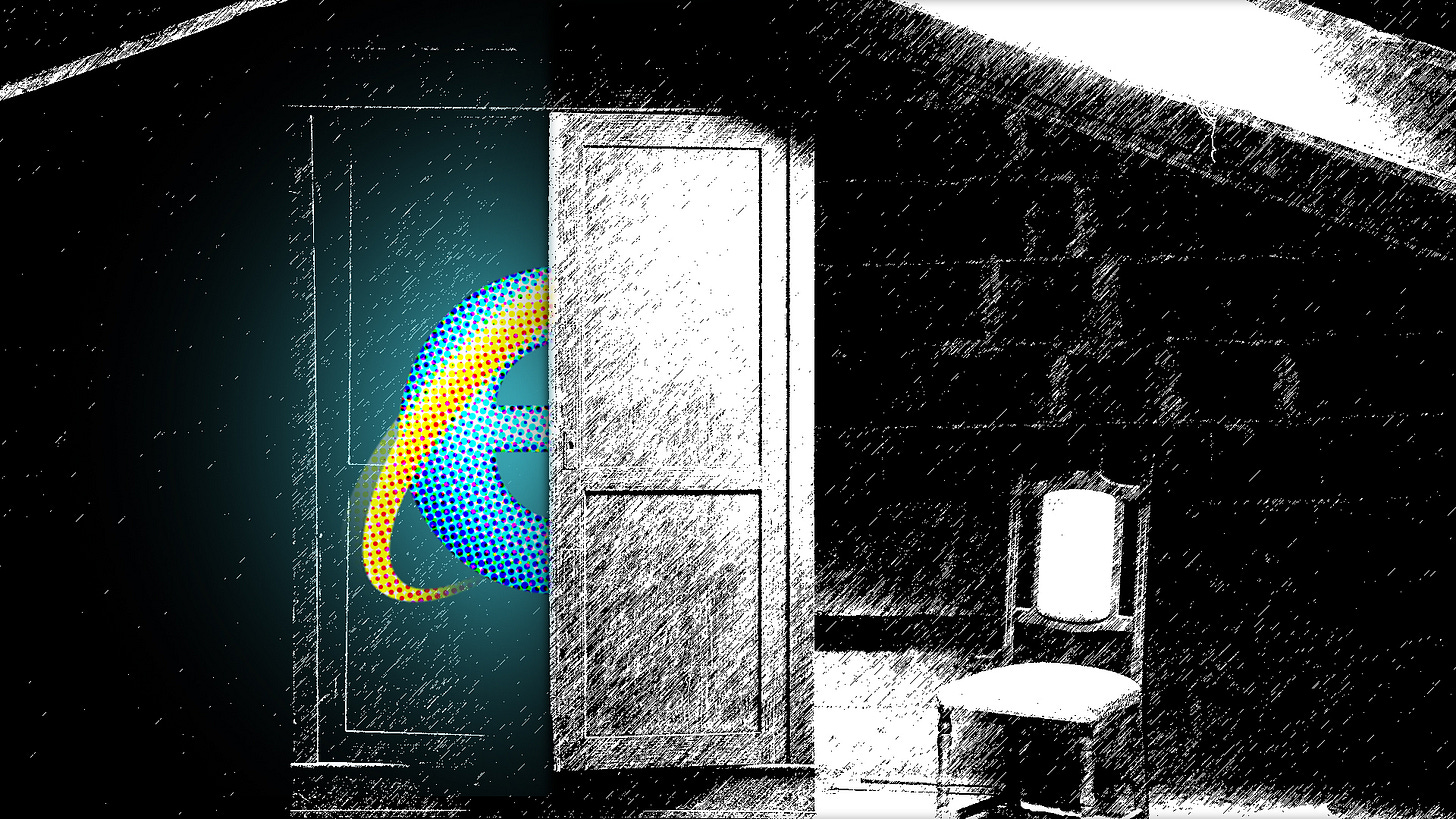 The Internet Explorer icon inside a wardrobe in an attic